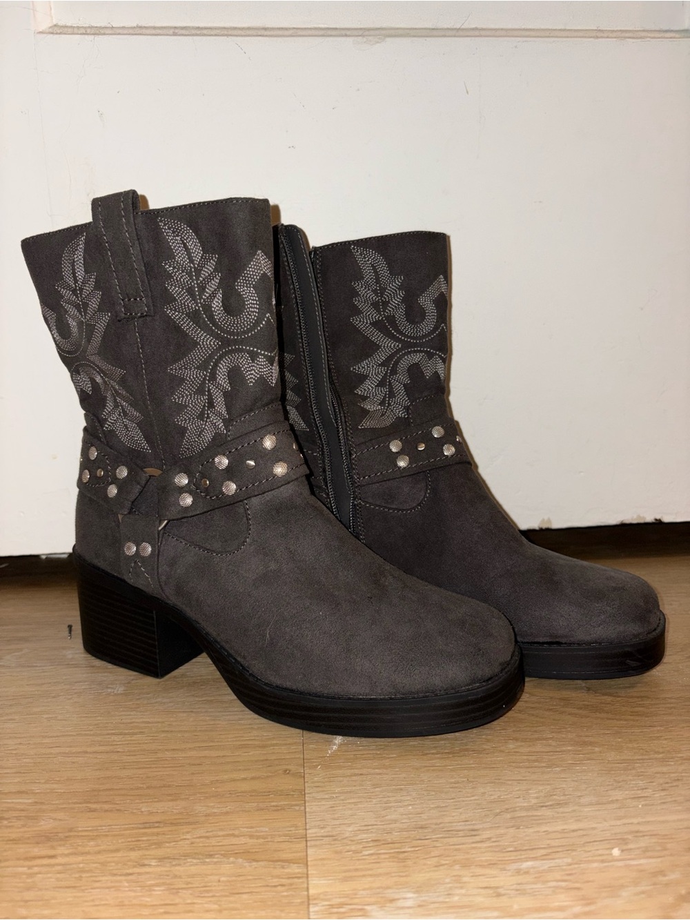 Women's Grey Suede Western Ankle Boots with Studded Harness